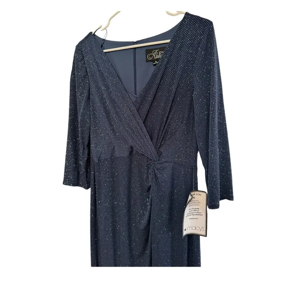 NWT Alex Evenings 3/4 Sleeve Long Dress with Cinched Tie Waist blue size 10